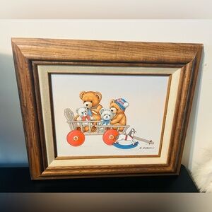 Teddy Bears in Wagon Rocking Horse C. Carson Framed Oil Painting Wall Art Kids